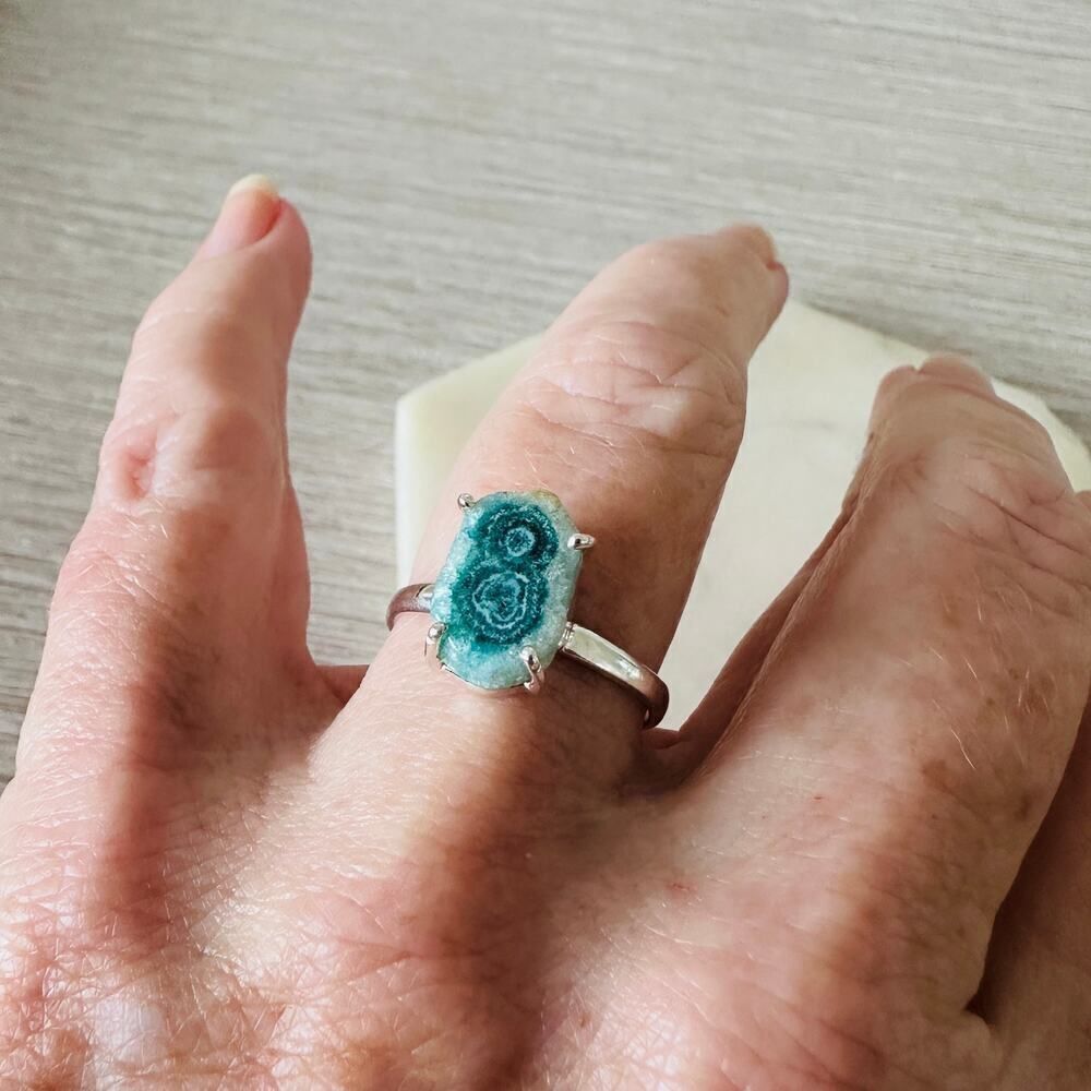 Sterling Silver Mediterranean Green Quartz Stalacitite Slice Ring